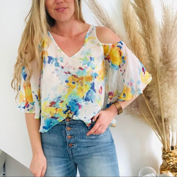 ANTHROPOLOGIE MAEVE White Floral Silk Cold Shoulder Tank Blouse Top Shirt Small - Picture 1 of 10